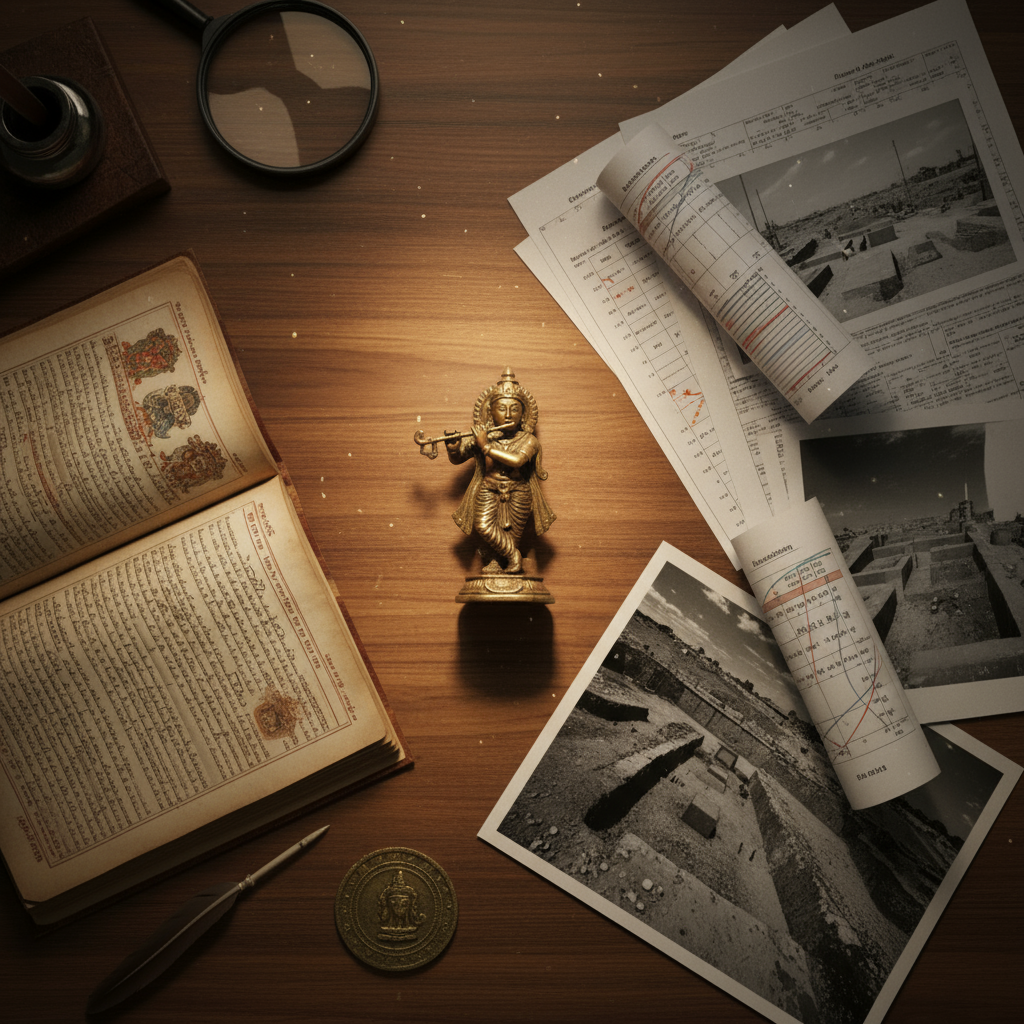 Devotees listening, scholars examining artefacts, youth with drones